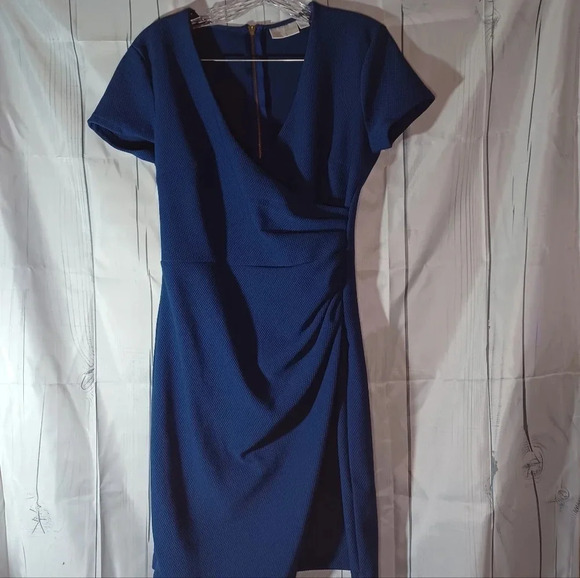 Bisou Bisou v-neck faux wrap asymmetrical blue dress - Picture 1 of 10